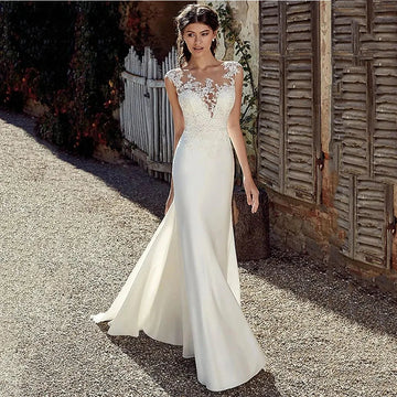 Cap Sleeve Appliques Lace Sheath Wedding Dress Illusion Bohemian Bridal Gowns Beach Satin Vestido De Novia White