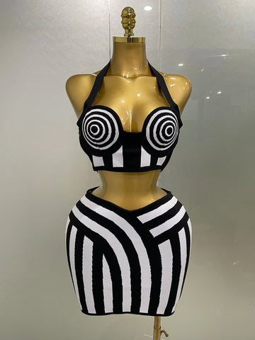 Women Celebrity Sexy Jacquard Black White Two Piece Bodycon Striped Bandage Skirt Set Designer Evening Party Dress black
