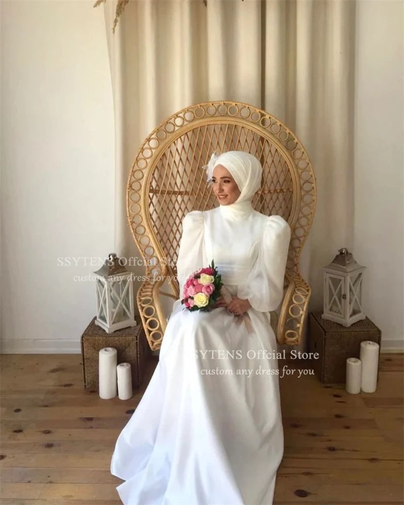 Muslim Wedding Dresses Puff Sleeve Satin Civil Bridal Gowns Customized Bride Dress Muslim robe de mariée