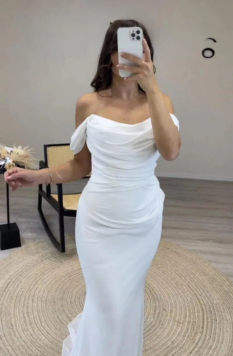 Arabic Evening Dresses for Wedding Party Off the Shoulder White Pleats Chiffon Mermaid Formal Celebrity Prom Gowns