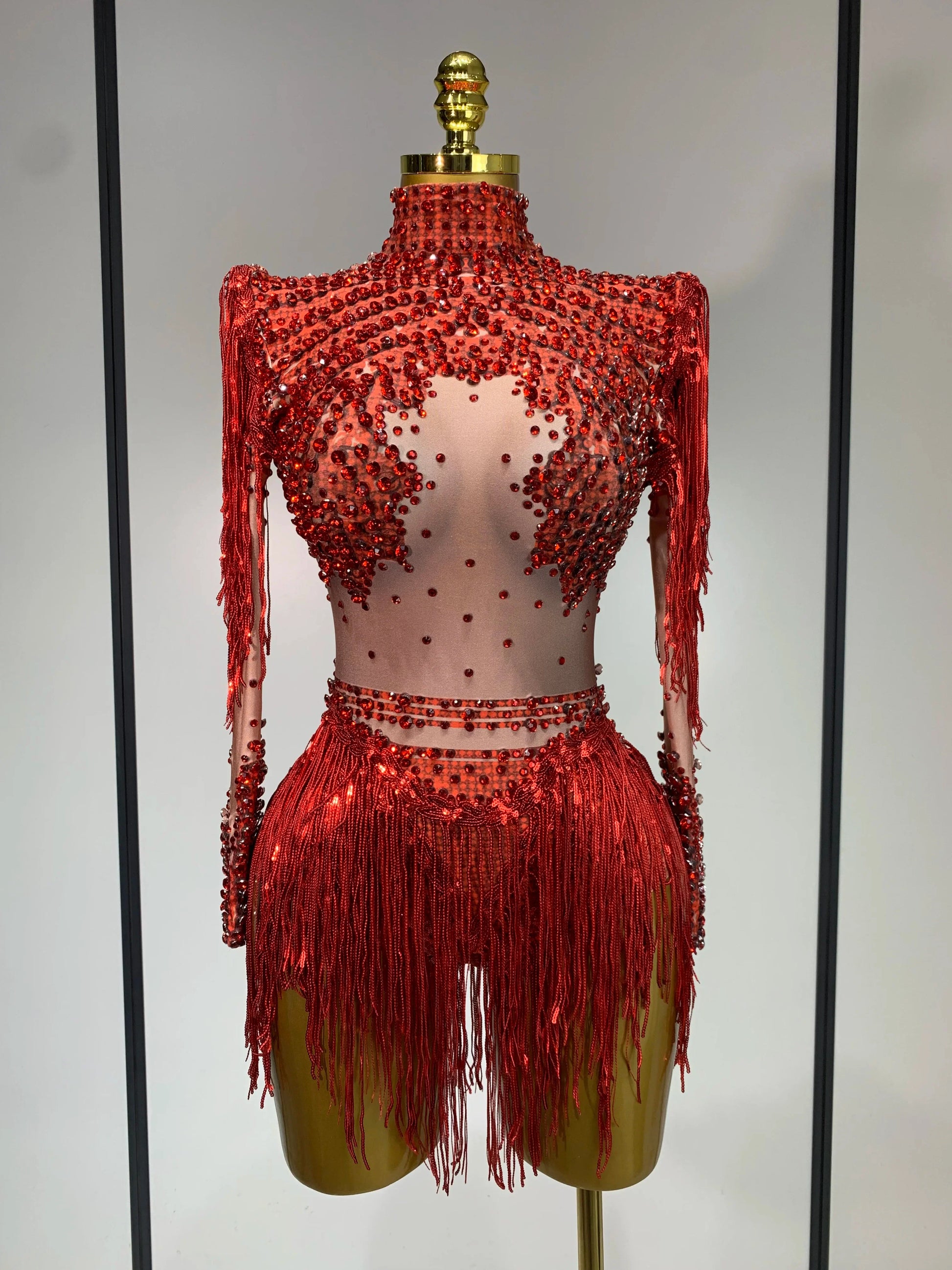 Women Long Sleeve Sexy Shinning Tassels Rhinestone Bodycon Bodysuit High Stretch Bar Dancer Nightclub Stage Wear Birthday Outfit Red