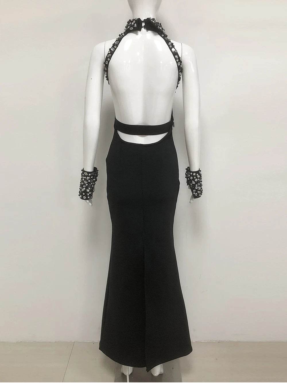 Elegant Black Sexy Off Shoulder Diamond Bead Tight Maxi Long Bandage Dress Women'S Celebrity Evening Runway Party Gowns