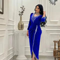 Vintage Royal Blue Evening Dresses V-Neck Half Sleeves Mid Slit Formal Women Prom Gowns Special Occasion Dresses