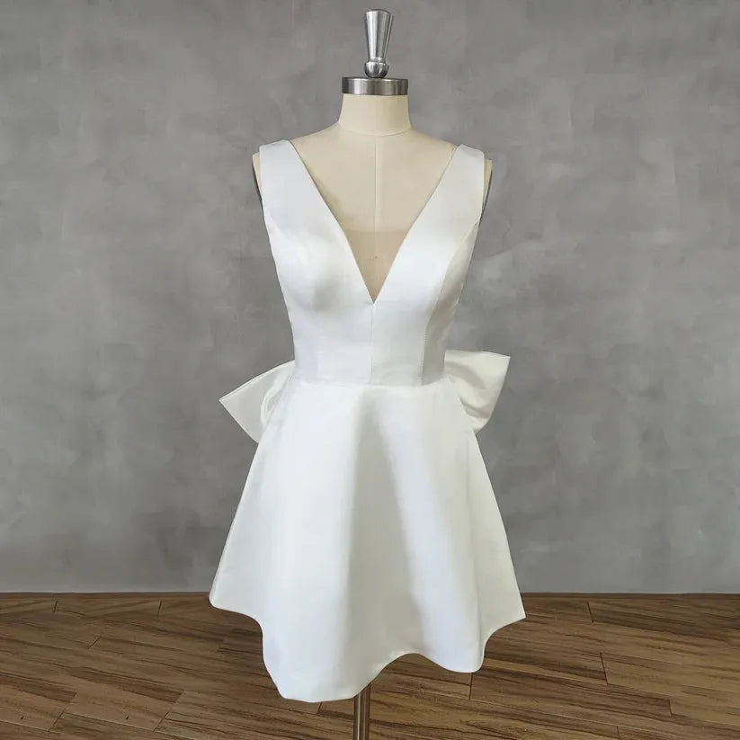 Simple Sleeveless Deep V-Neck Mini Satin Wedding Dress For Women A-Line Big Bow Backless Short Above Knee Bridal Gown