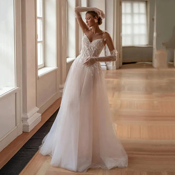 A-Line Wedding Dresses Spaghetti Straps Appliques Sweetheart Bride Dress Boho Beach Wedding Prom Gown Custom Size