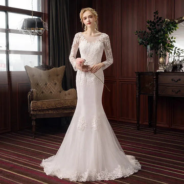 Spring Long Sleeve Mermaid Wedding Dress Simple Lace Applique O-neck Bridal Vestido De Noiva Plus Size Made Custom White