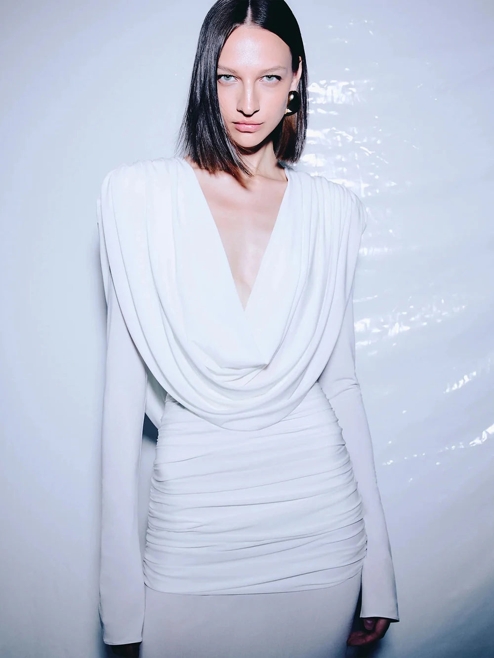 Elegant Solid Draped V-neck Long sleeves Maxi Dress Women White Sexy Backless Backless Evening Party Wedding Gowns Female