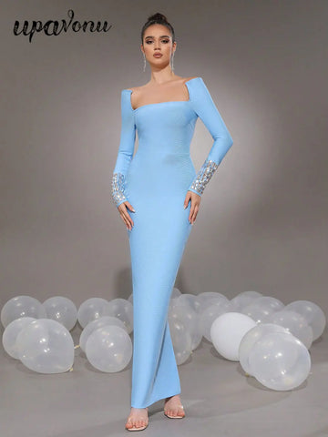 Women'S Elegant Bandage Dresses Square Neck Long Sleeved Nail Bead Design Bodycon Long Dress Evening Party Vestidos