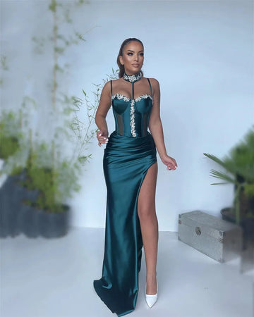 Green Crystal Floral Pin Prom Dresses Mermaid Side High Split Evening Dress Satin Backless Floor-Length vestidos de fiesta As Picture