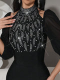 2025 Women Light Luxury Rhinestone Design Fish Tail Bandage Dress Stand Collar Lantern Sleeves Bodycon Long Dress Party Vestidos