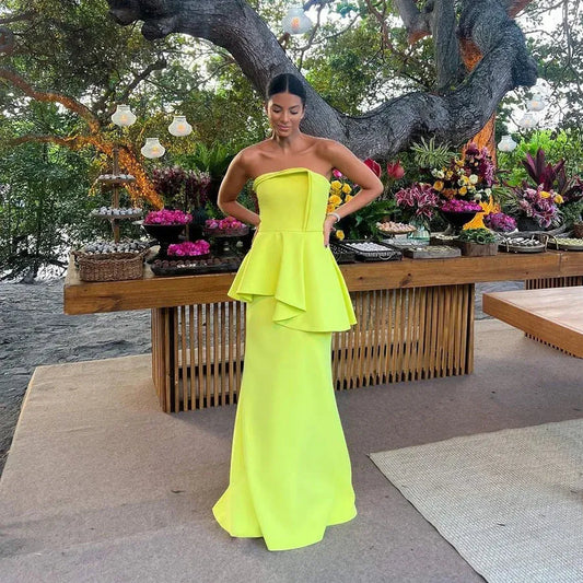 Simple Yellow Satin Mermaid Prom Dresses With Peats Saudi Arabic Party Dress Women Formal Evening Gowns