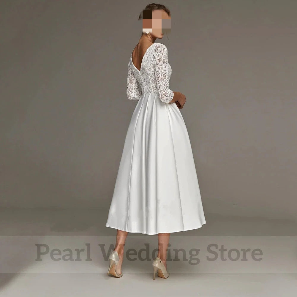 Modern Short Wedding Dress Lace and Satin V-Neck Three Quarter Tea-Length Bride Gowns with Pocket Civil Vestidos De Novia