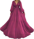 Long Puff Sleeves Prom Dresses V-Neck Pleats Chiffon Princess Evening Gowns Women Party Dress Plus Size