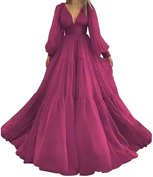 Long Puff Sleeves Prom Dresses V-Neck Pleats Chiffon Princess Evening Gowns Women Party Dress Plus Size