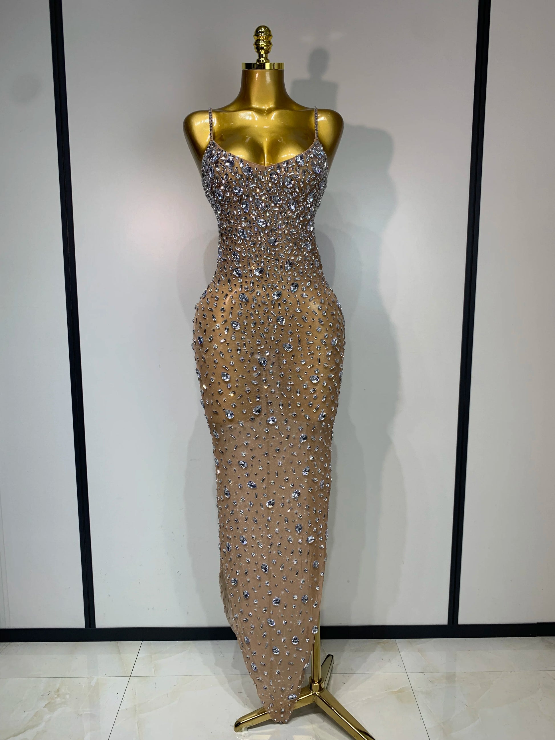Women Sexy Sleeveless Rhinestone Bodycon Maxi Long Dress Evening Party Birthday Costume Bar Nightclub Stage Performance Clothing Khaki