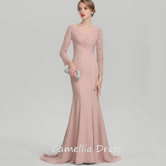 Elegant Customized A Line Chiffon Mother of Bride Dresses Mermaid Long Sleeve Formal Evening Gowns Lace Bridal Party Dress