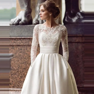 Vintage Sexy A Line Wedding Dresses Jewel Neck Long Sleeves Arabic Lace Appliques Button Back Illusion With Pocket Bridal Gowns As Picture