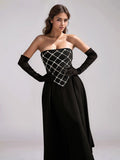 Elegant Black Backless Diamond High waist Long Dress Bandage Women's Sexy Strapless Sleeveless Evening Festival Party Gowns