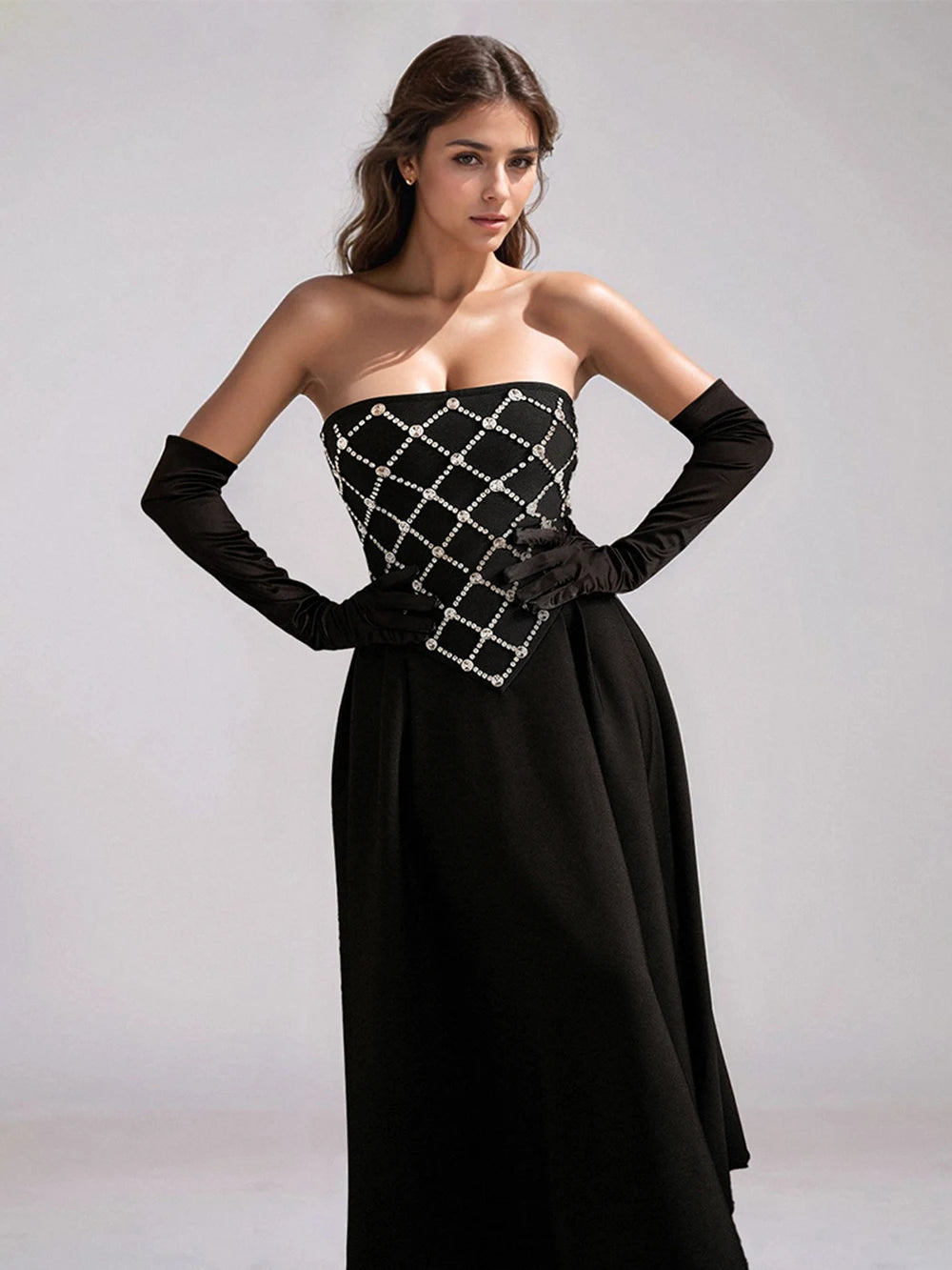 Elegant Black Backless Diamond High waist Long Dress Bandage Women's Sexy Strapless Sleeveless Evening Festival Party Gowns