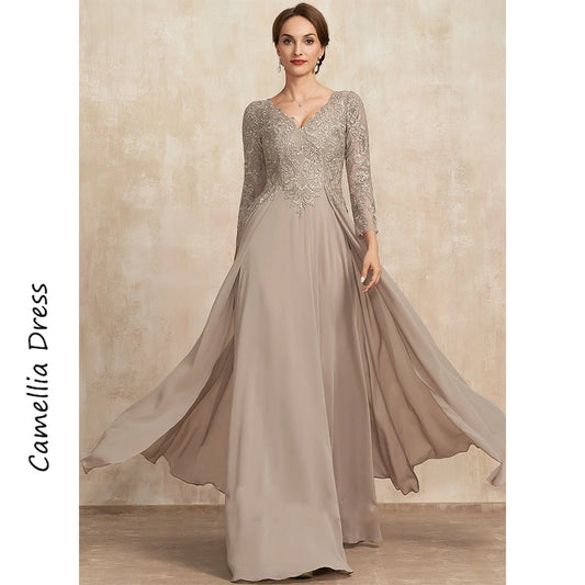 Simple V-Neck Mother Of The Bride Dress A Line Formal Dresses Chiffon Lace With Sequins Vestidos Mae Da Noiva Casamentos As Picture