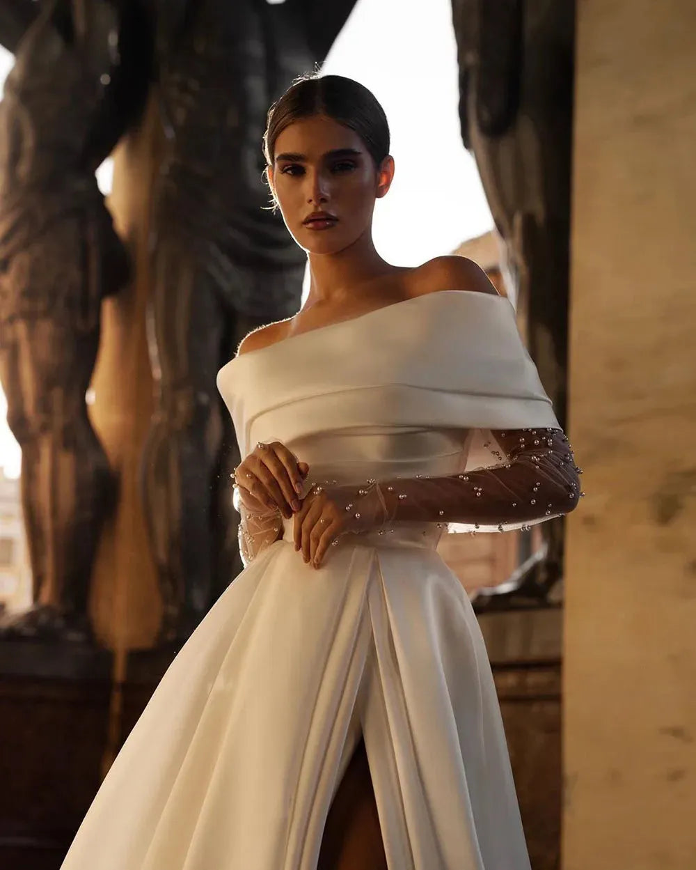 Elegant Satin A Line Wedding Dresses Off The Shoulder Pearls Long Sleeves Side Split Bride Dresses For Women Bespoke