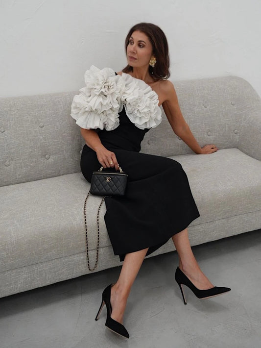 Elegant Evening Long Bandage Dress Fashion Splicing Ruffle Flowers Club Party Gowns Lady Sexy Diagonal Collar Dress