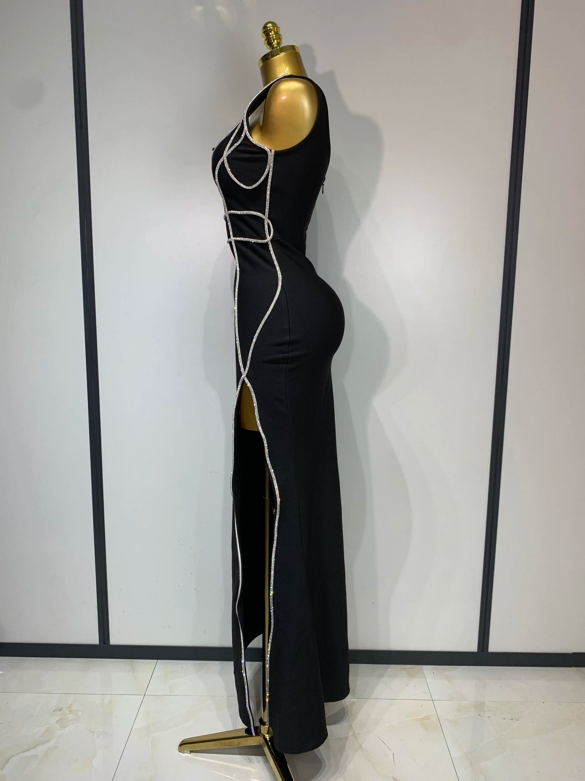 New Women Sexy Beading Black Maxi Long Bandage Dress Luxury Birthday Dresses Evening Club Party Knitted Bodycon Clothing