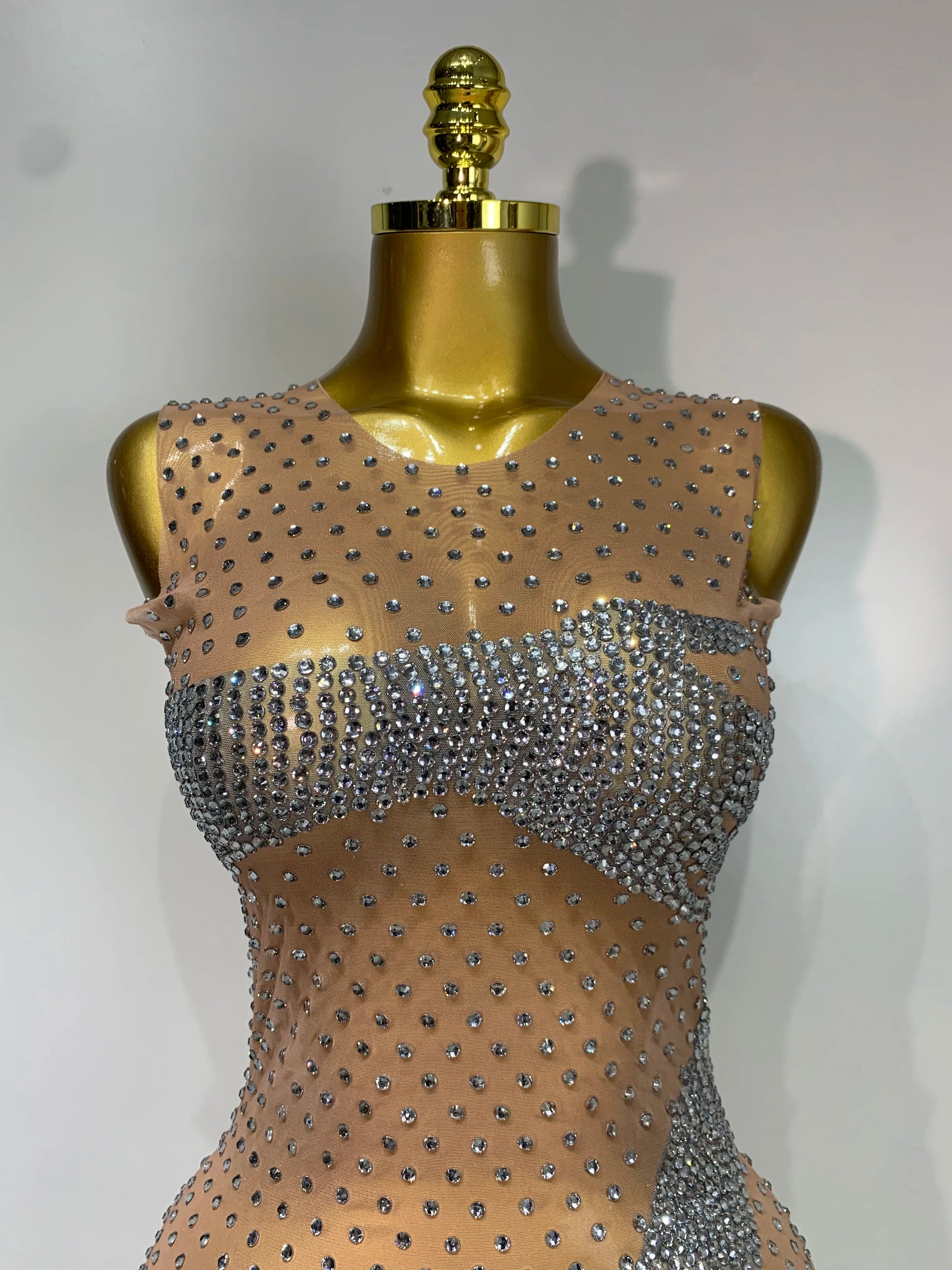 Sexy Sparkly Diamonds Mesh Transparent Stretch Mini Dress Women Evening Party Luxury Birthday Nigthclub Stage Performance Outfit