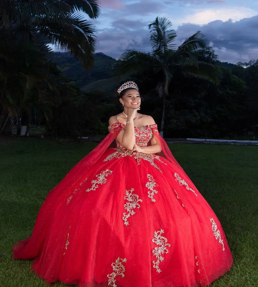 Charming Red Quinceanera Dresses Ball Gown Cap Sleeves Gold Lace Vesti