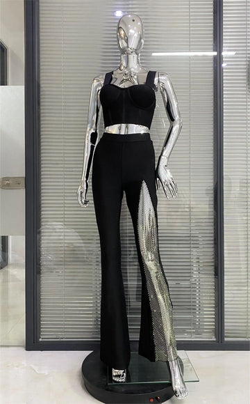 2023 Summer Women Sexy Tops Pants Set Bandage Fashion Shining Diamond Celebrate Nightclub Party Women's Set Wholesale