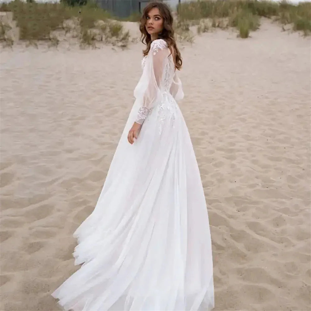 Bella White Tulle Prom Dresses Lace Embroidery A-line Wedding Dress Elegant Long Sleeves Floor-Length Vestidos De Fiesta