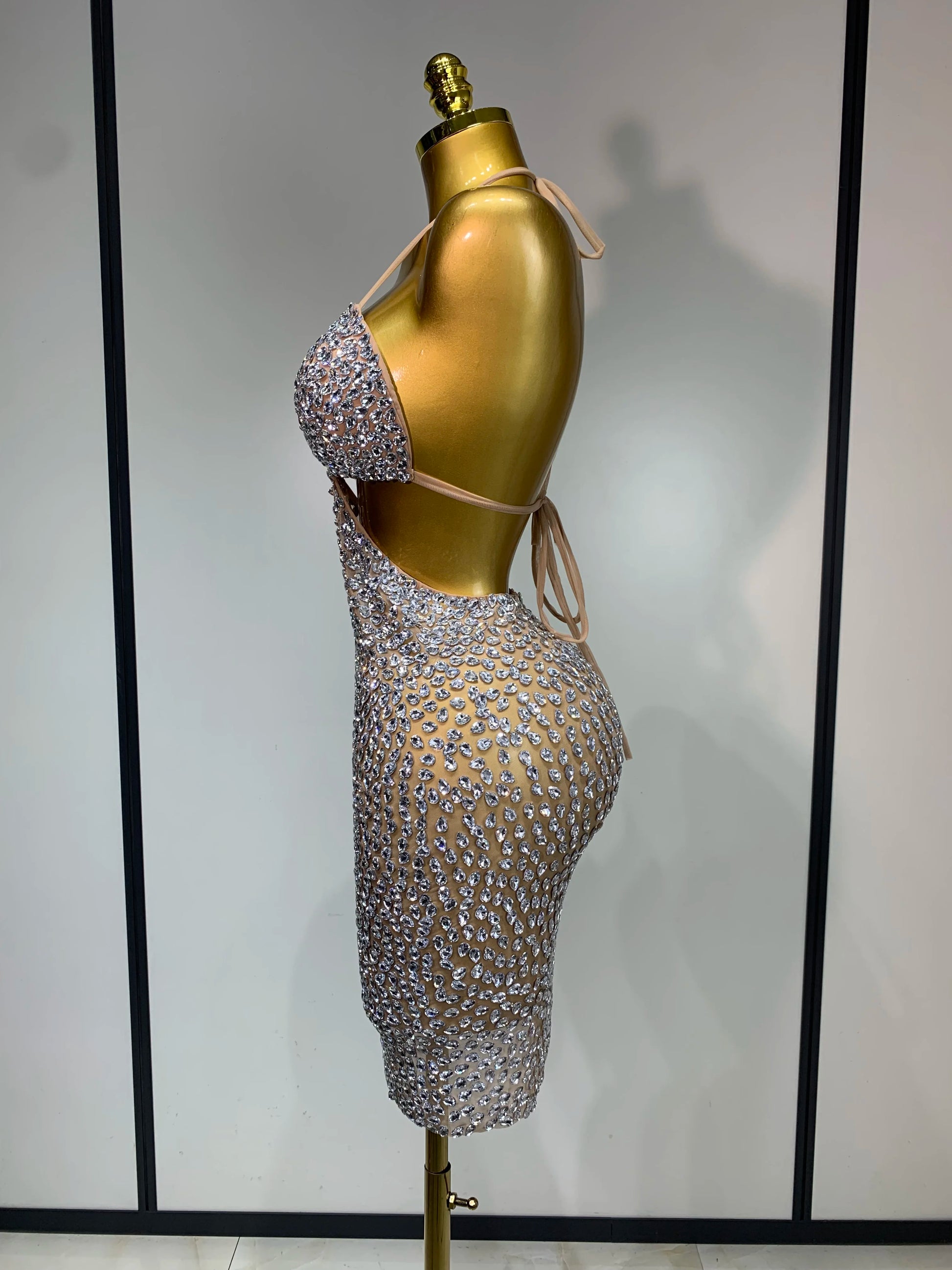 Sparkly Luxury Crystal Rhinestones Sexy Backless Bodycon Dress Women Singer Stage Outfit Celebrity Elegant Birthday Costume