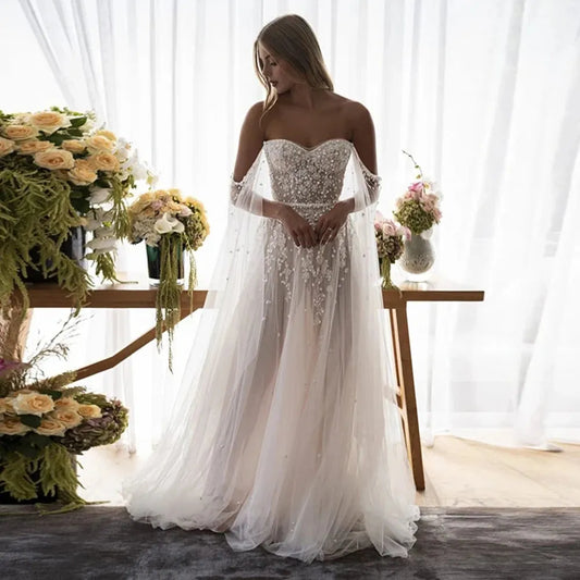 Sparkling Eightale Bohemian Wedding Dresses Off the Shoulder Beaded with Pearls Appliques Wedding Gown Boho Bridal Dresses White 14W