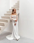 Boho Lace Mermaid Wedding Dresses Off Shoulder Tulle Puff Sleeves Bridal Gowns Elastic satin Bride Dress