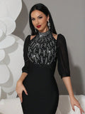 2025 Women Light Luxury Rhinestone Design Fish Tail Bandage Dress Stand Collar Lantern Sleeves Bodycon Long Dress Party Vestidos