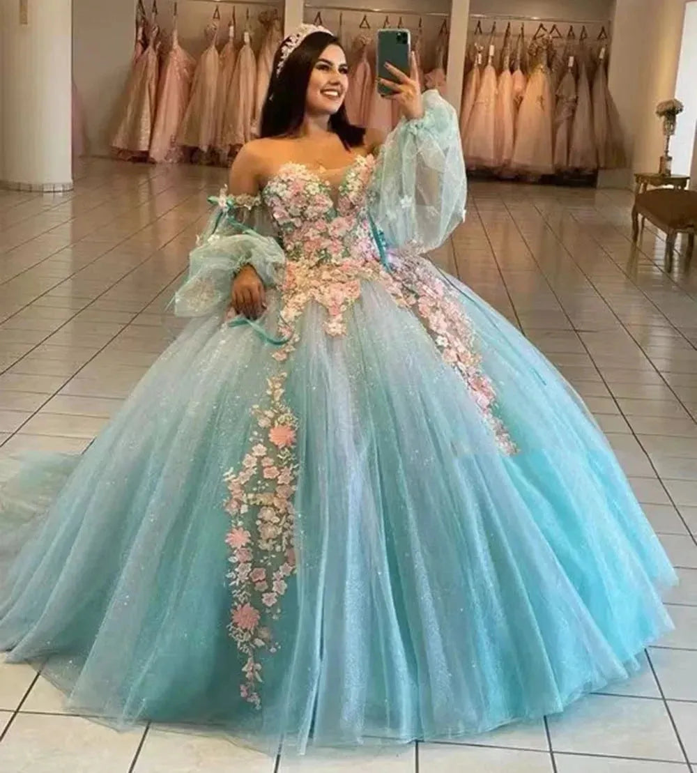 Glittering Quinceanera Dresses With Bow 3D Flower Lace Sleeves Vestidos De 15 Anos Formal Princess Birthday Party As Picture