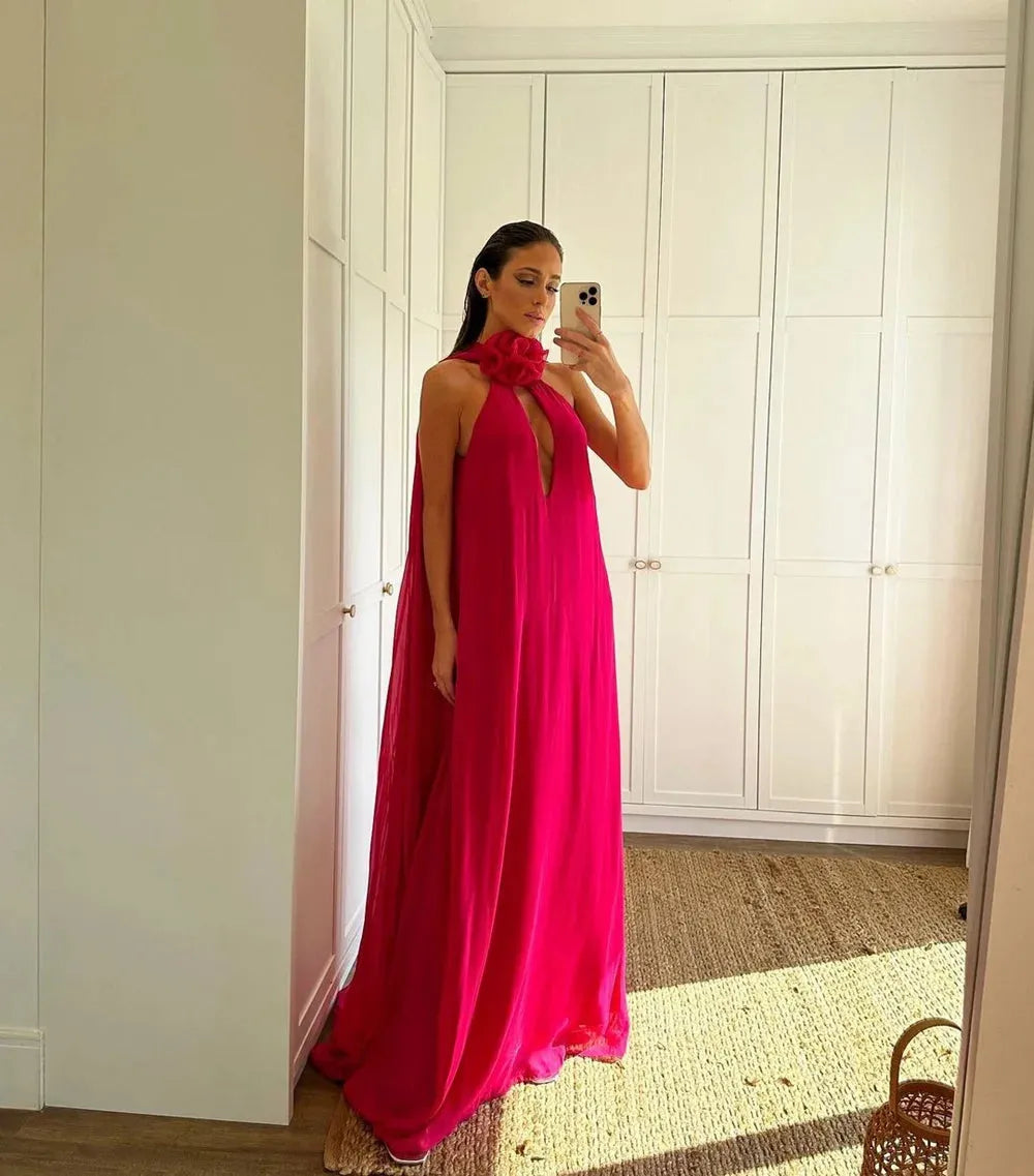 Vestido de festa sexy com decote halter, chiffon de seda, fúcsia brilh
