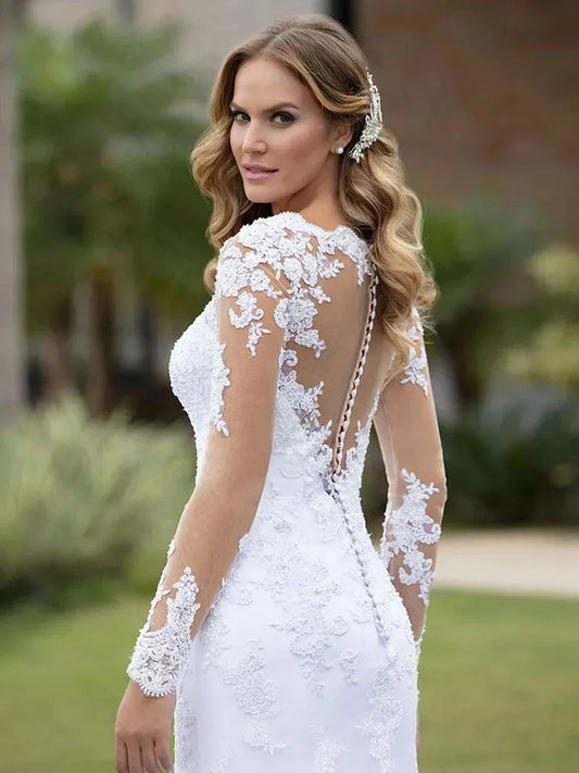 Long Sleeved Wedding Dress Slim Back With Button Mermaid Dress Lace Embroidery Plus Size Custom Made Vestido De Noiva