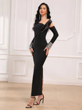 2025 Spring Women's Sexy Asymmetric Bandage Dress with Diagonal Collar Long Sleeve Bead Design Bodycon Long Dress Party Vestidos