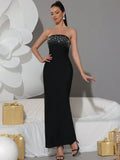 2025 Sexy Women'S Light Luxury Rhinestone Bandage Dress Strapless Sleeveless Bodycon Backless Black Long Dresses Party Vestidos black