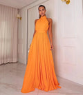 Elegant High Neck Sexy Sleeve A-line Prom Dress Light Orange 100D Chiffon Puffy Vestidos De Noche