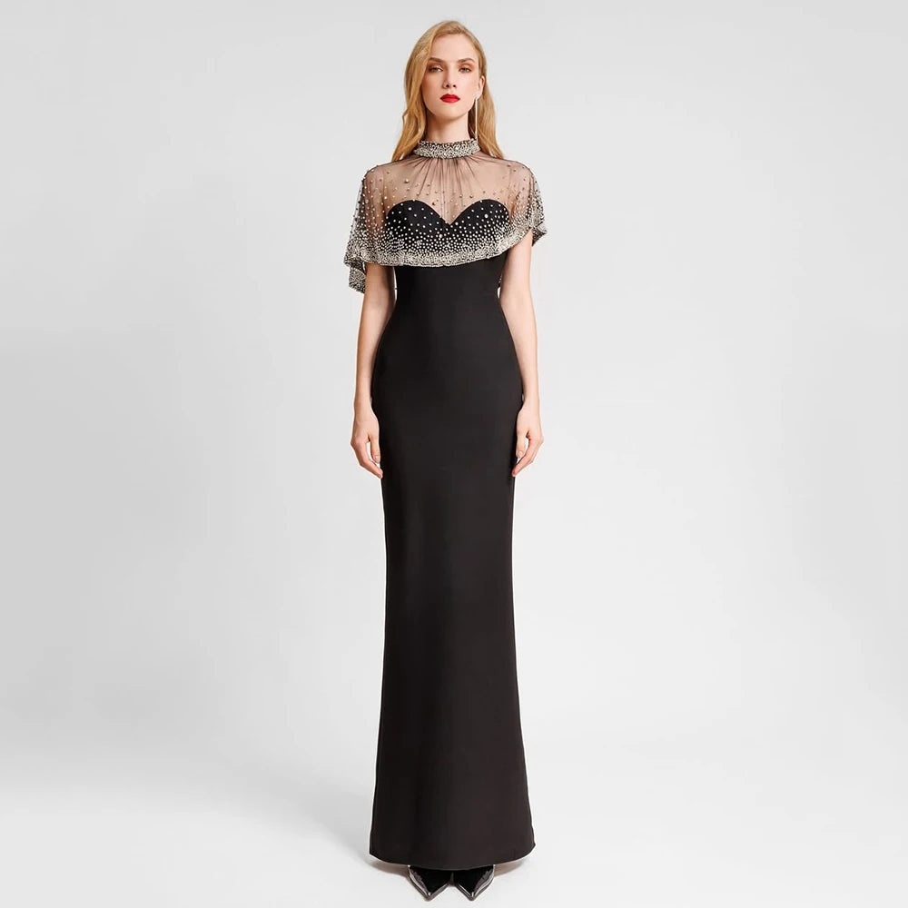 Elegant Celebrity Evening Red Carpet Party Dress With Diamond Cape Shawl, Black Women'S Strapless Tight Bandage Maxi Long Dress black