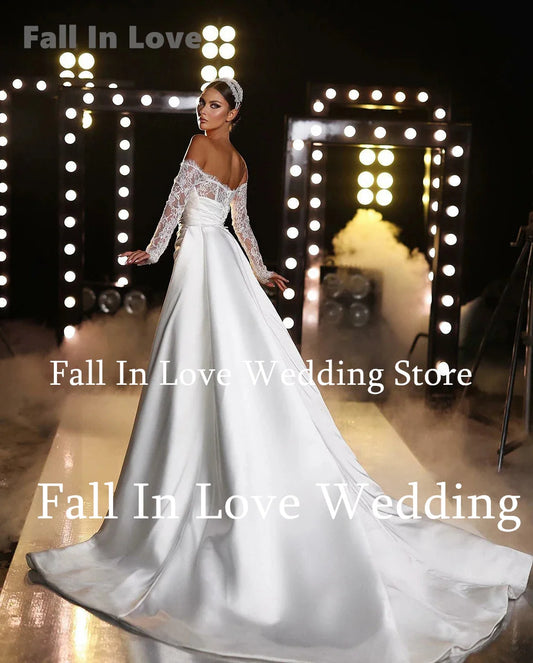 Fall In Love Dress Custom Wedding Dress For Women Off-Shoulder Lace Appliques Long Sleeves Mermaid Satin Bridal Gown