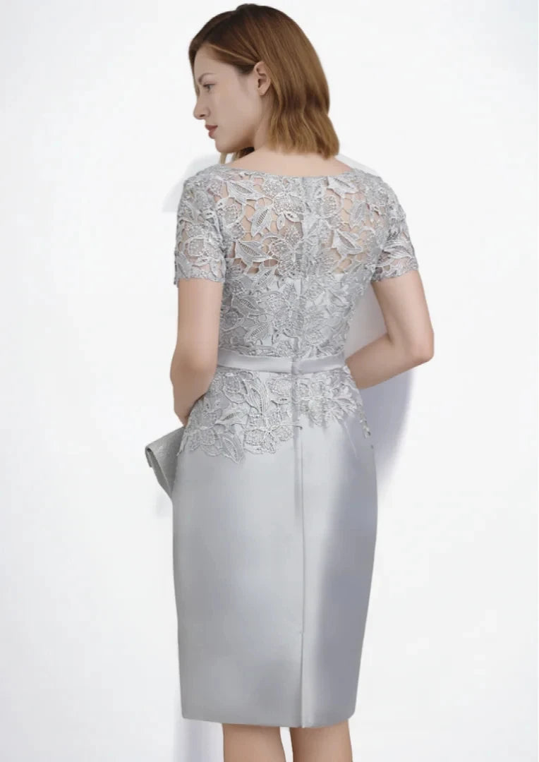 Mother Of The Bride Dress - Elegant Formal Evening Dress Satin Scoop Neck Knee-Length Cocktail Dress Applique Mother of the Bride Dress 2025 Free Customized