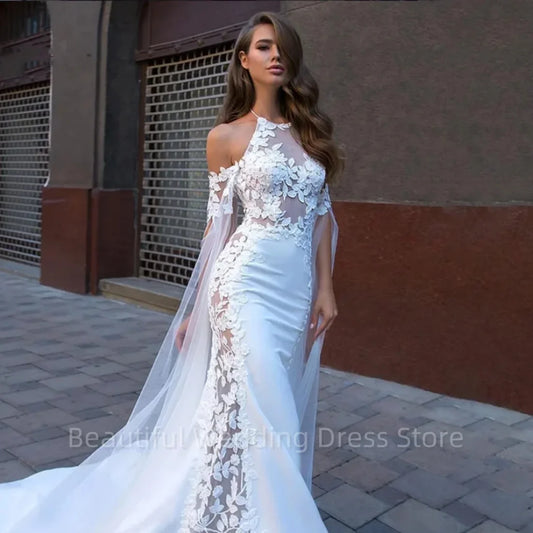 Graceful Sexy White Satin Halter Neck Mermaid Wedding Dresses Appliques Illusion Tulle Bridal Gowns Custom Vestidos De Novia