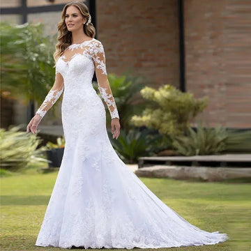 Long Sleeved Wedding Dress Slim Back With Button Mermaid Dress Lace Embroidery Plus Size Custom Made Vestido De Noiva