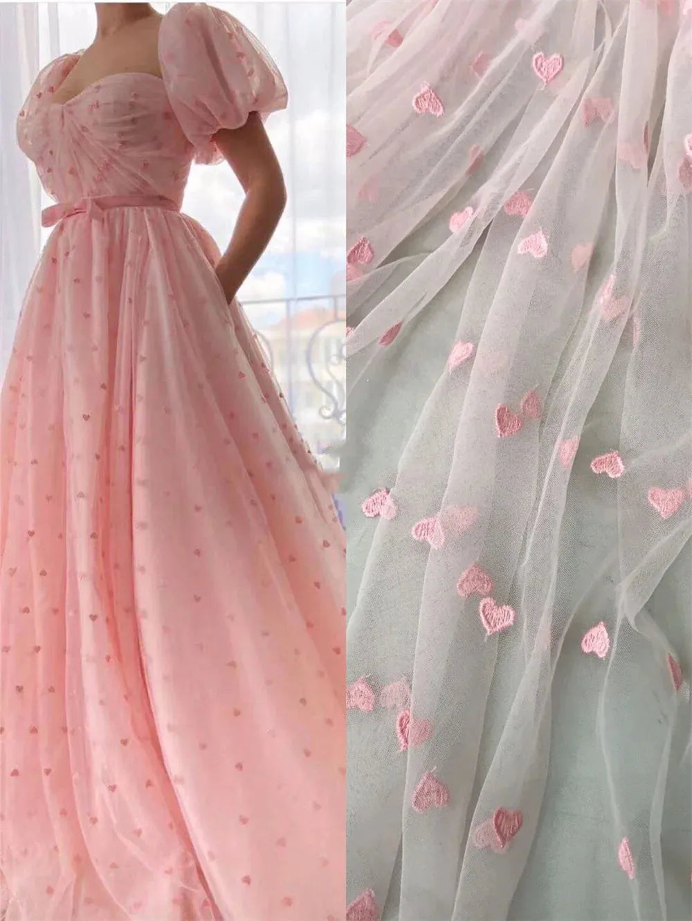 Princess A-line Evening Dresses Puffy Sleeve Prom Dress Baby Pink Part