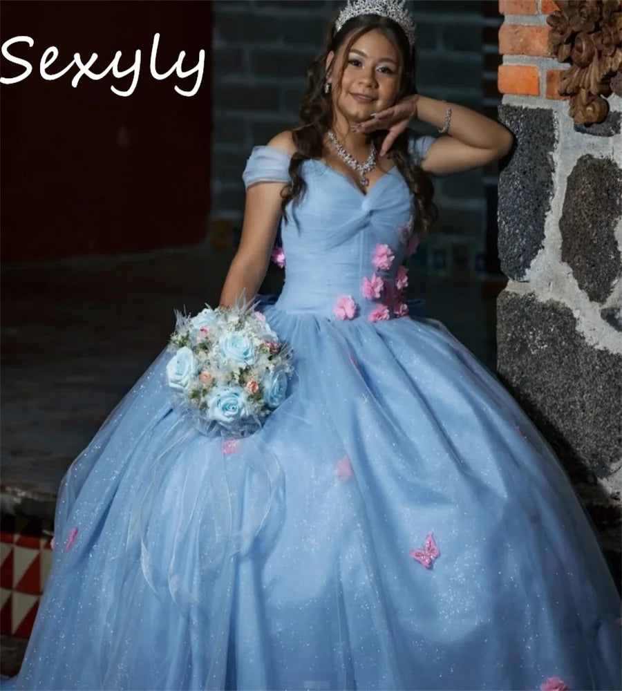 Fairytale Baby Blue Vestidos De 15 Quinceañera Charro Pink Florals Vestidos Para 15 Años Butterfly Sweet 16 Dress Customized
