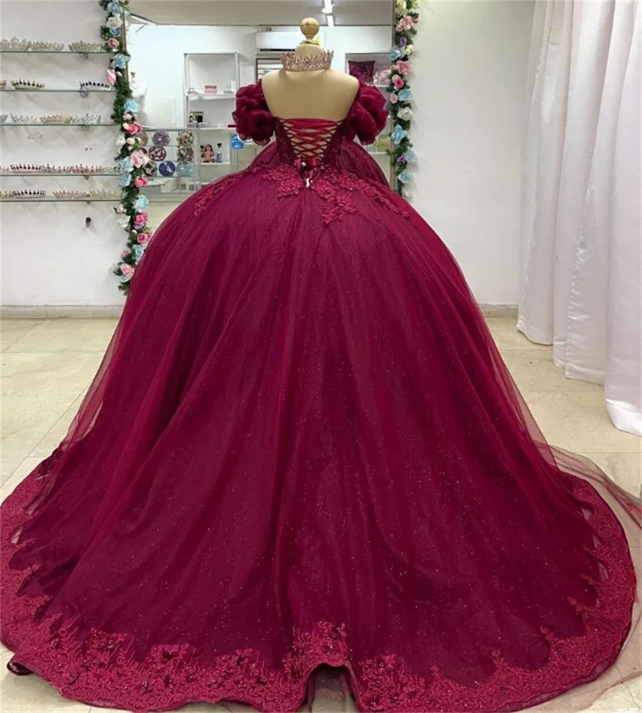Customized Burgundy Quinceanera Dress Short Sleeve Beaded Lace Puffy Sweet 16 Dress Floor Length Tulle vestido de 15 quinceañera