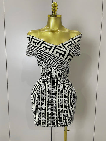 Women Sexy Jacquard Slash Neck Off Shoulder Bodycon Mini Bandage Dress Elegant Evening Birthday Party Dress black